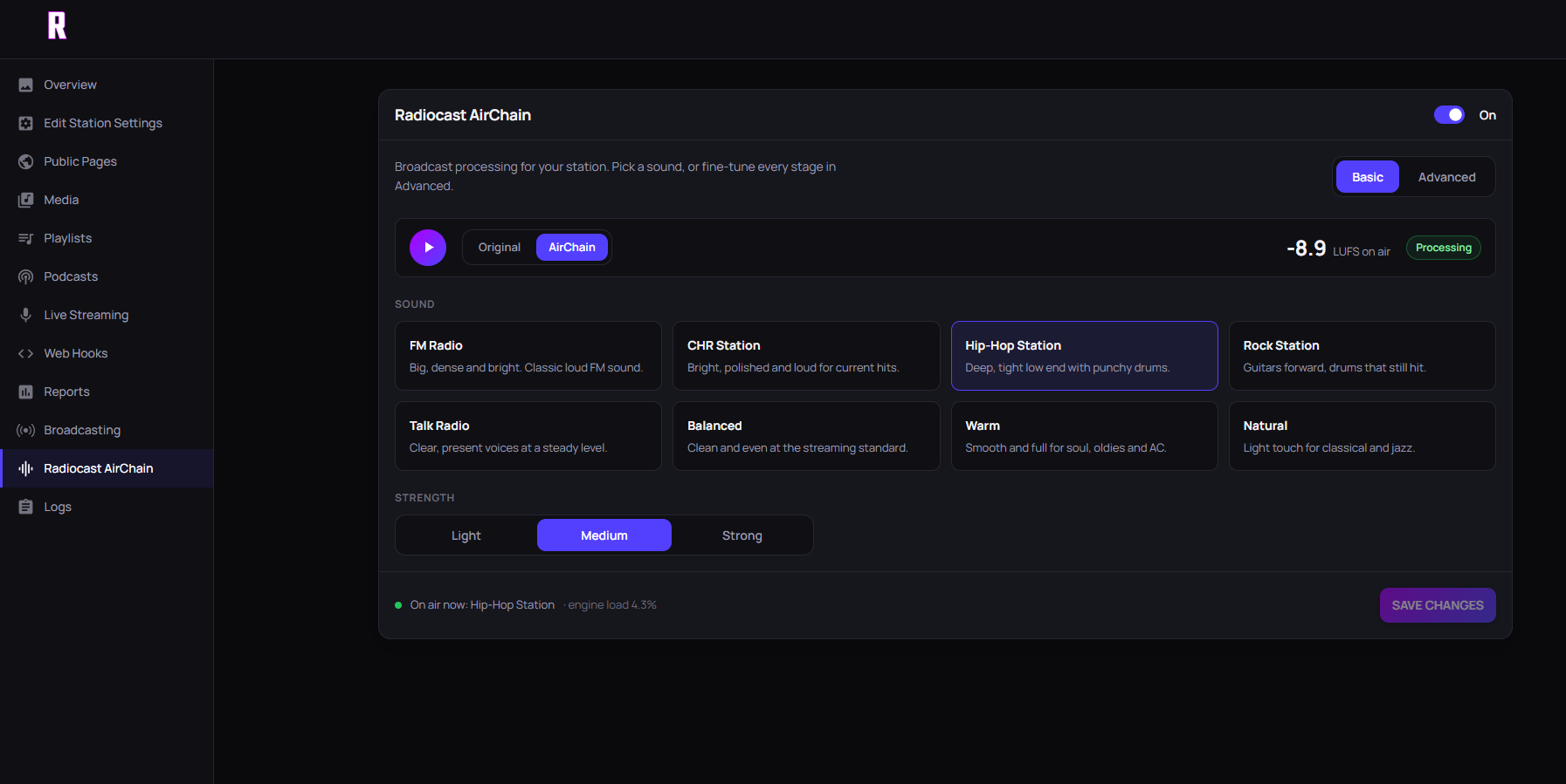 Radiocast AirChain sound presets and processing controls