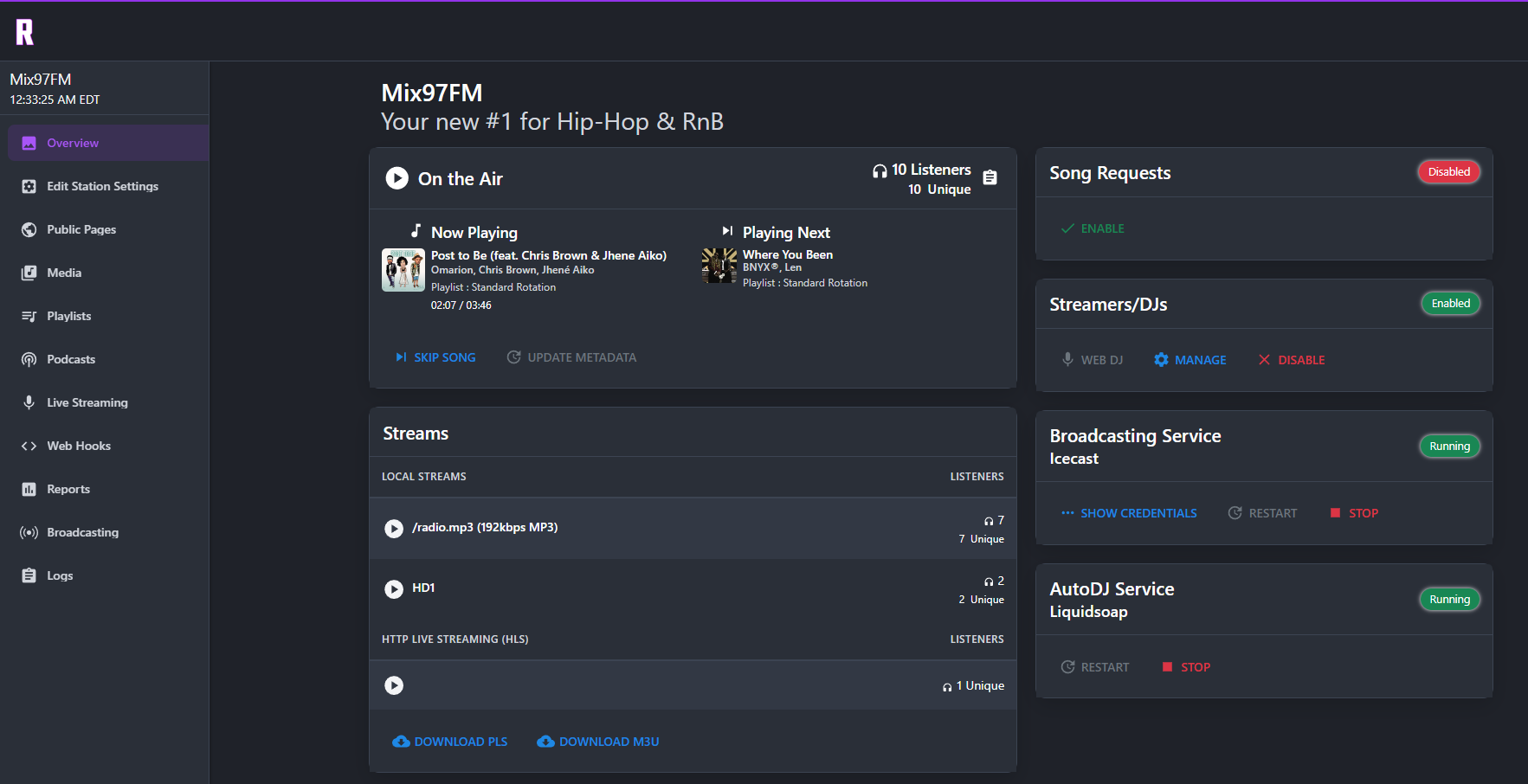 Radiocast station dashboard with AutoDJ and live stream controls